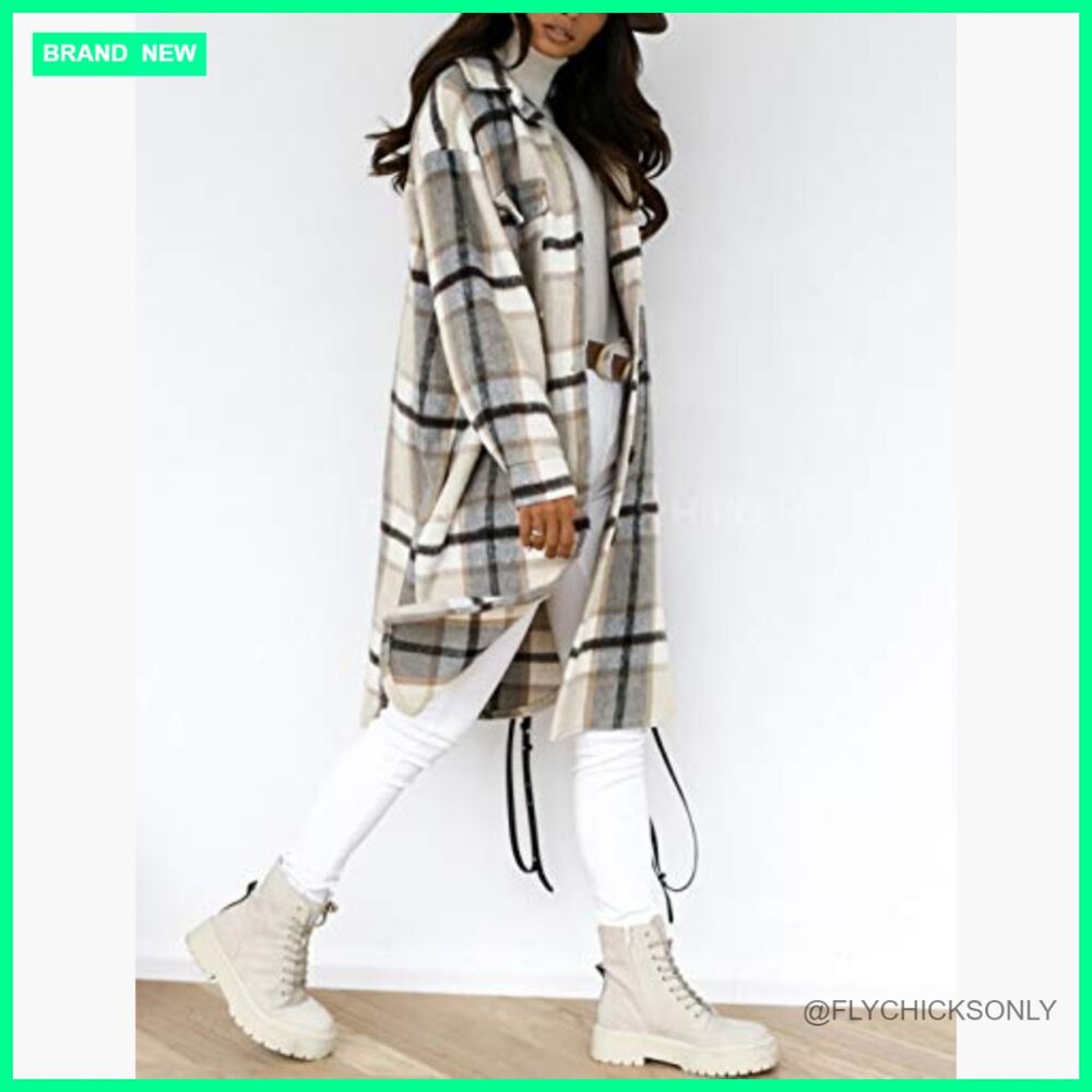 Polyester Blend Oversized Long Plaid Shacket Jack… - image 4